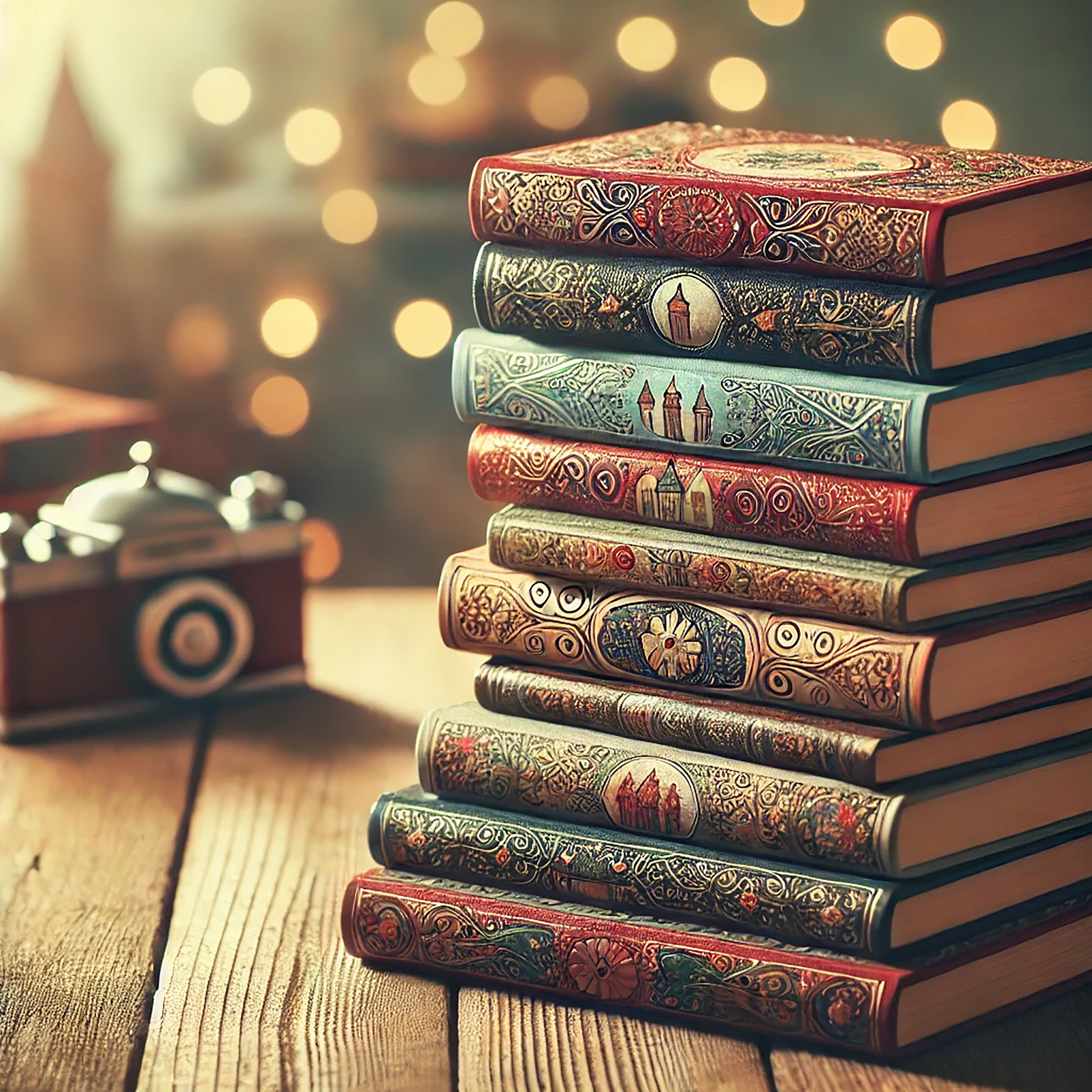 stack of ornate books on a table