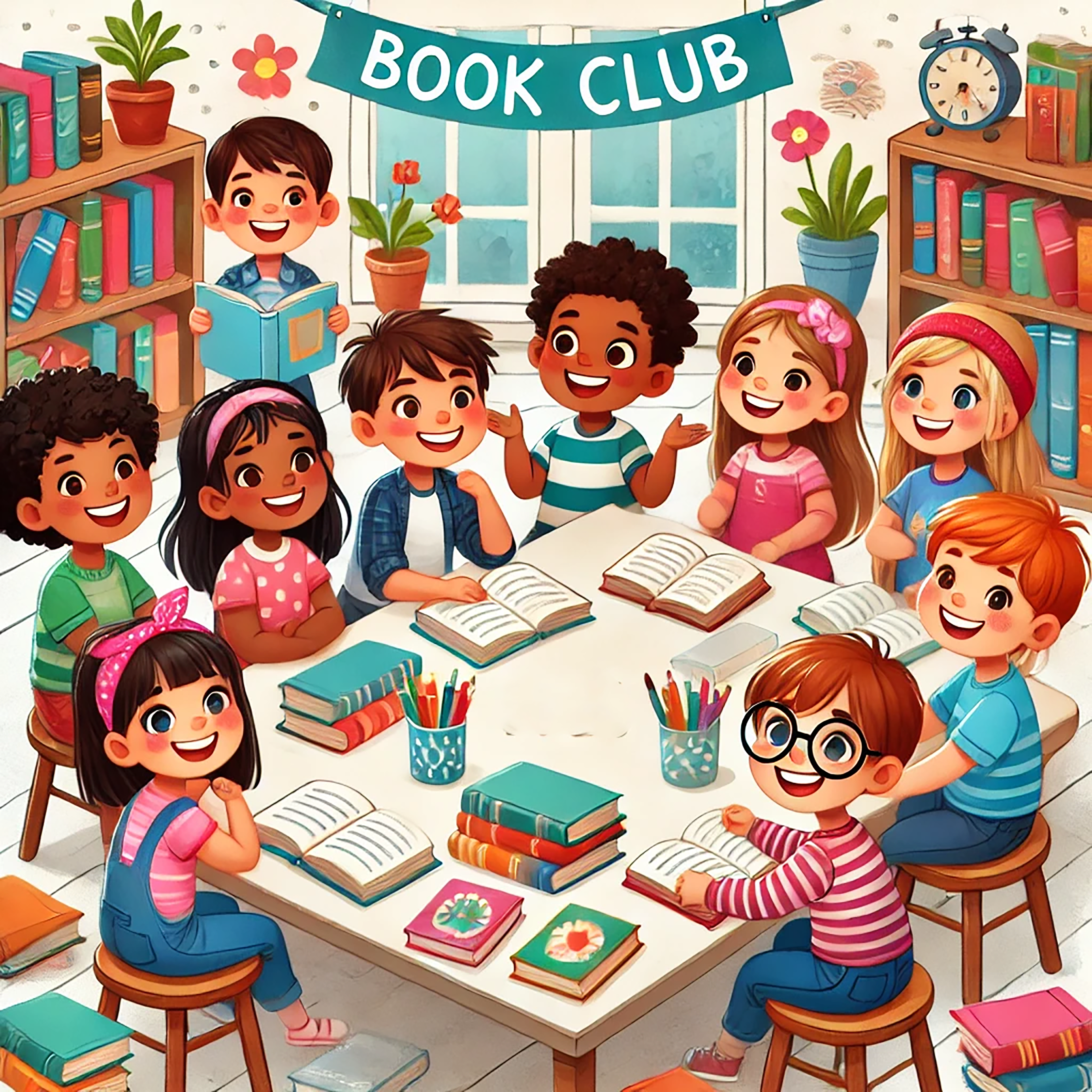 cartoon kids sitting around a table reading together