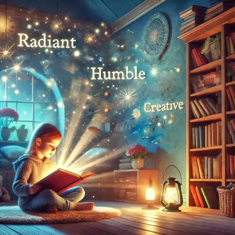 girl reading a book with three words floating over her