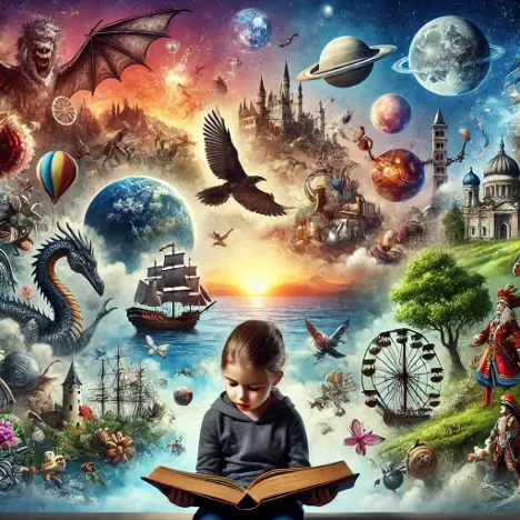 girl reading a book with fantastical imagery floating around her