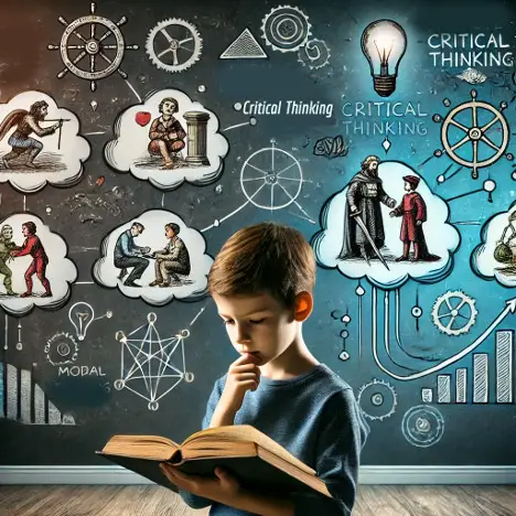 boy reading a book with historical imagery above him