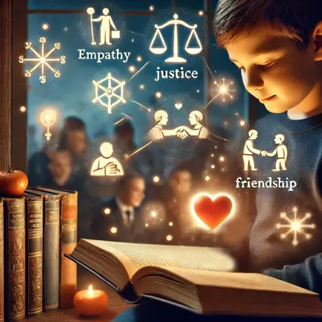 boy holding a book with words and images floating around