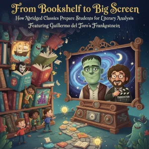 abridged classics bookshelf and Frankenstein and director on a TV screen